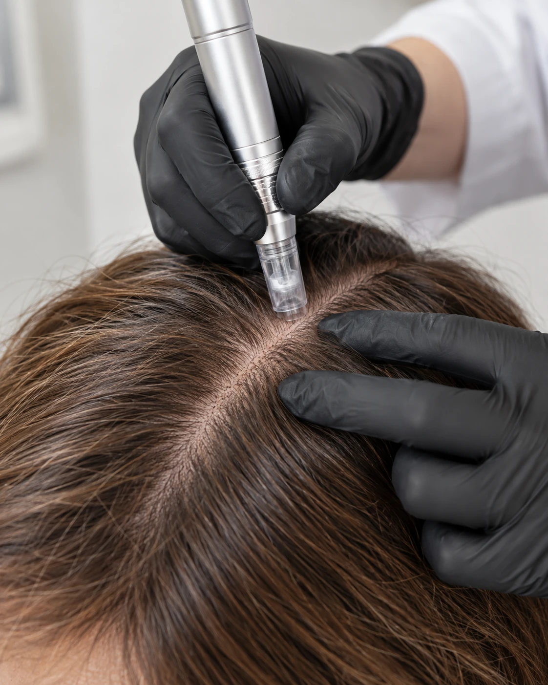 Kosmetische Kopfhautbehandlung mit Needling-Pen am Scheitel