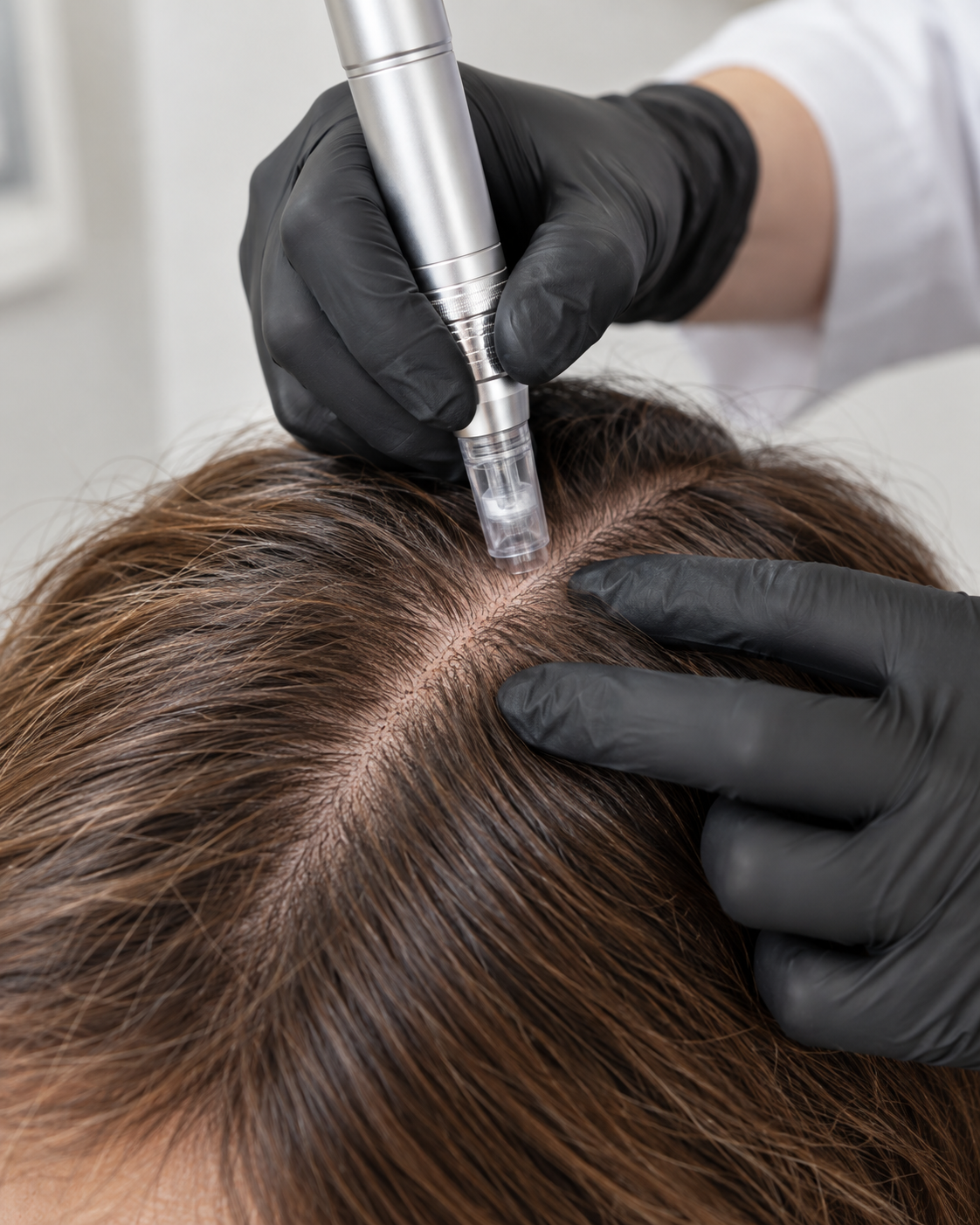 Kosmetische Kopfhautbehandlung mit Needling-Pen am Scheitel
