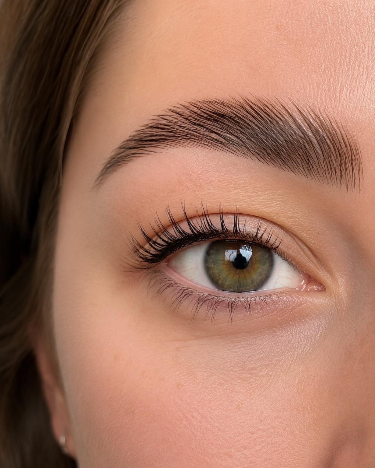 Auge mit gelifteten Wimpern und geformter Augenbraue