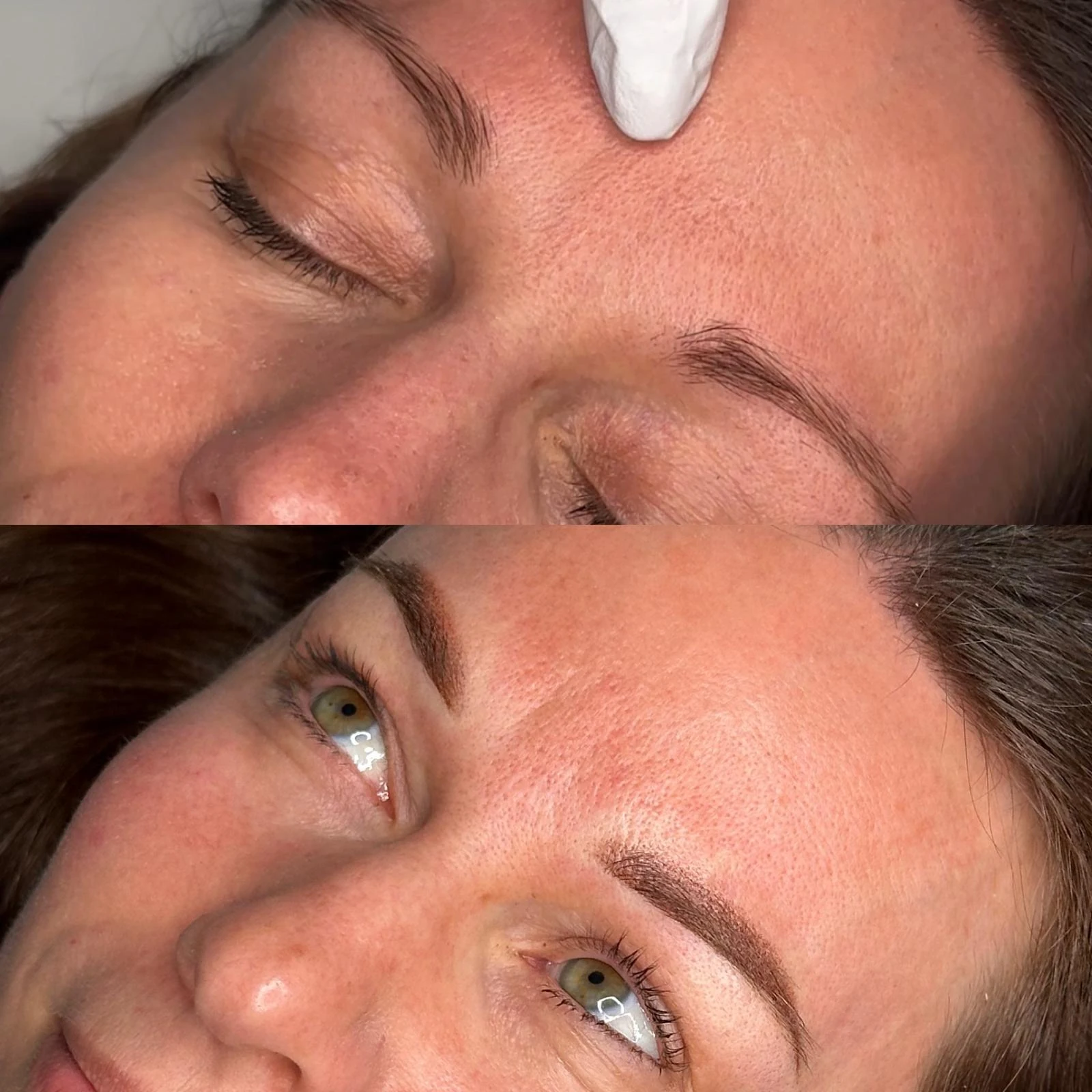 Powder Brows vor der Behandlung und direkt nach der Pigmentierung im Vergleich.